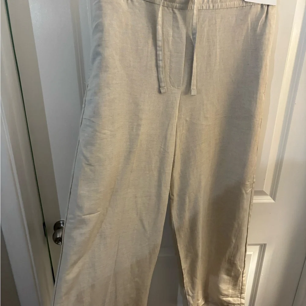 Women’s Liz Claiborne Pull-on Drawstring Linen-Blend Pants — Beige Sz L NWT